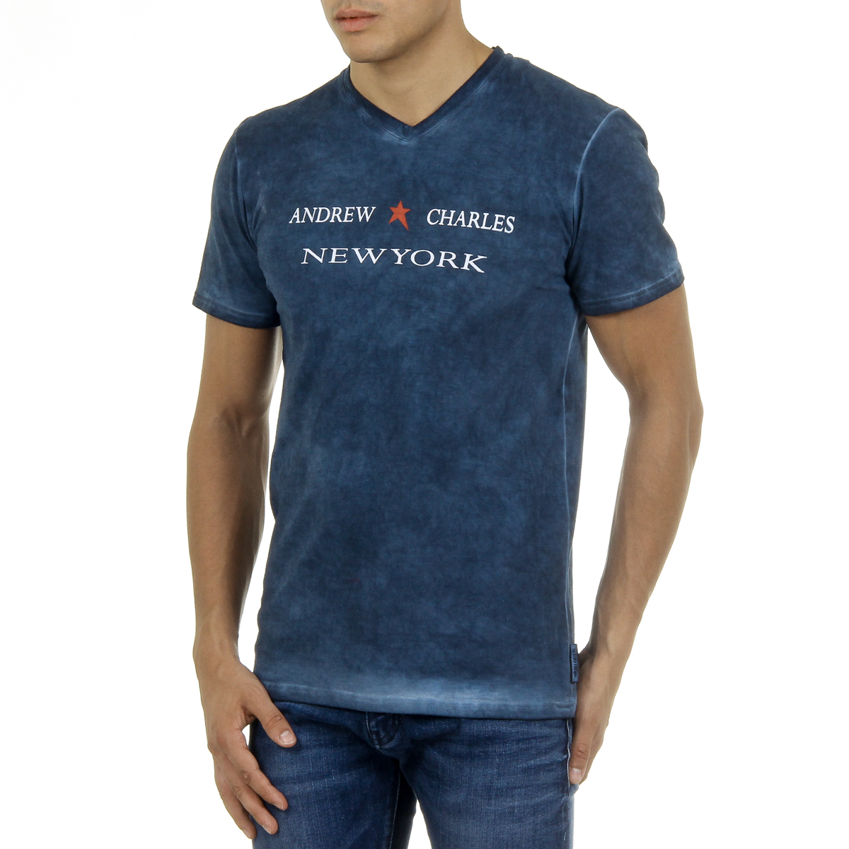 Camiseta Andrew Charles para hombre, manga corta, cuello en V, azul, KOFI