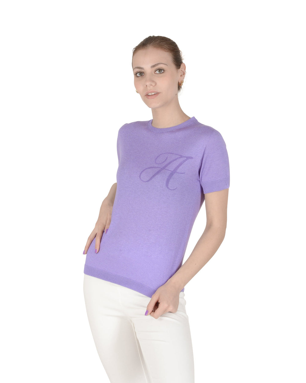 Jersey de cachemira de verano con cuello redondo y manga corta, color lila