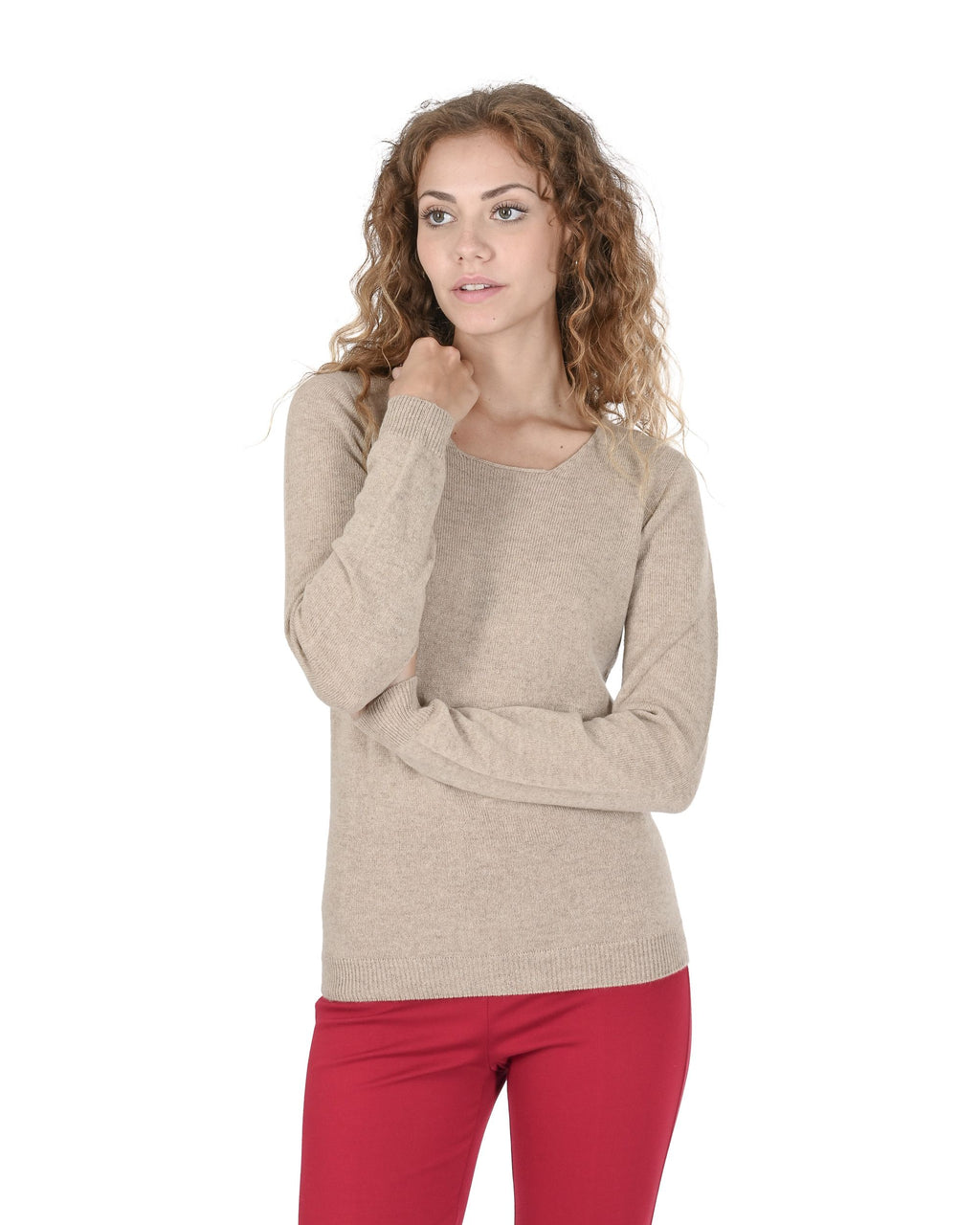 Suéter de cachemira con cuello cuadrado para mujer Crown of Edinburgh COE 0024 SAND