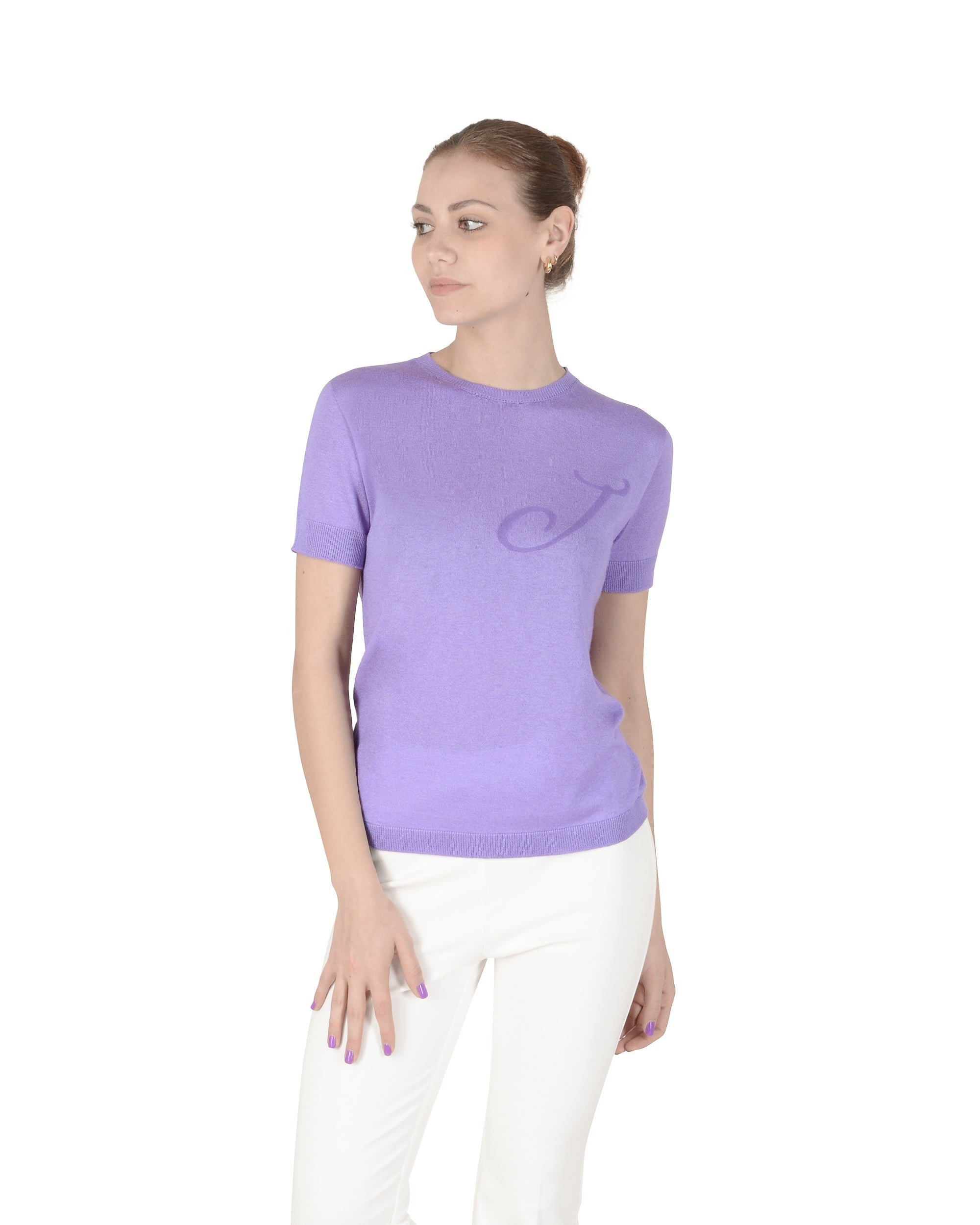 Jersey de cachemira de verano con cuello redondo y manga corta, color lila