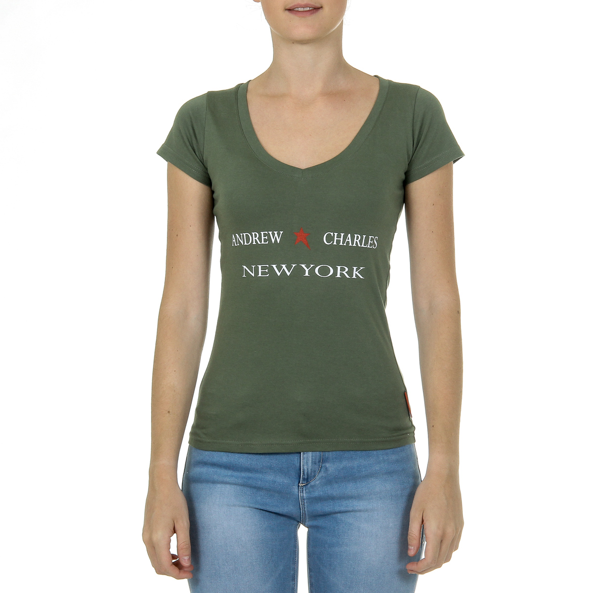 Camiseta Andrew Charles para mujer, manga corta, cuello en V, verde TAPIWA