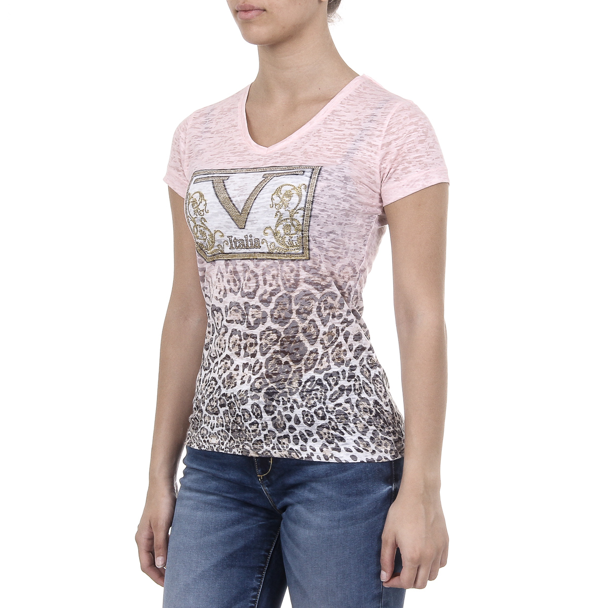 V 1969 Italia Womens T-shirt Short Sleeves V-Neck Pink EVELYN