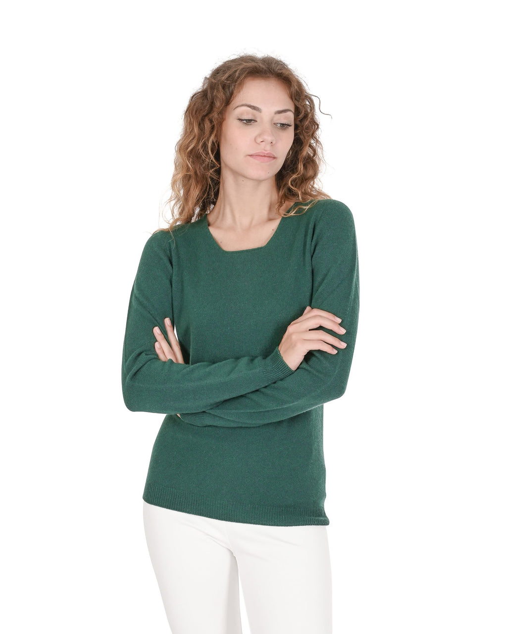 Suéter de cachemira para mujer con cuello cuadrado Crown of Edinburgh COE 0024 VERDE BOTELLA