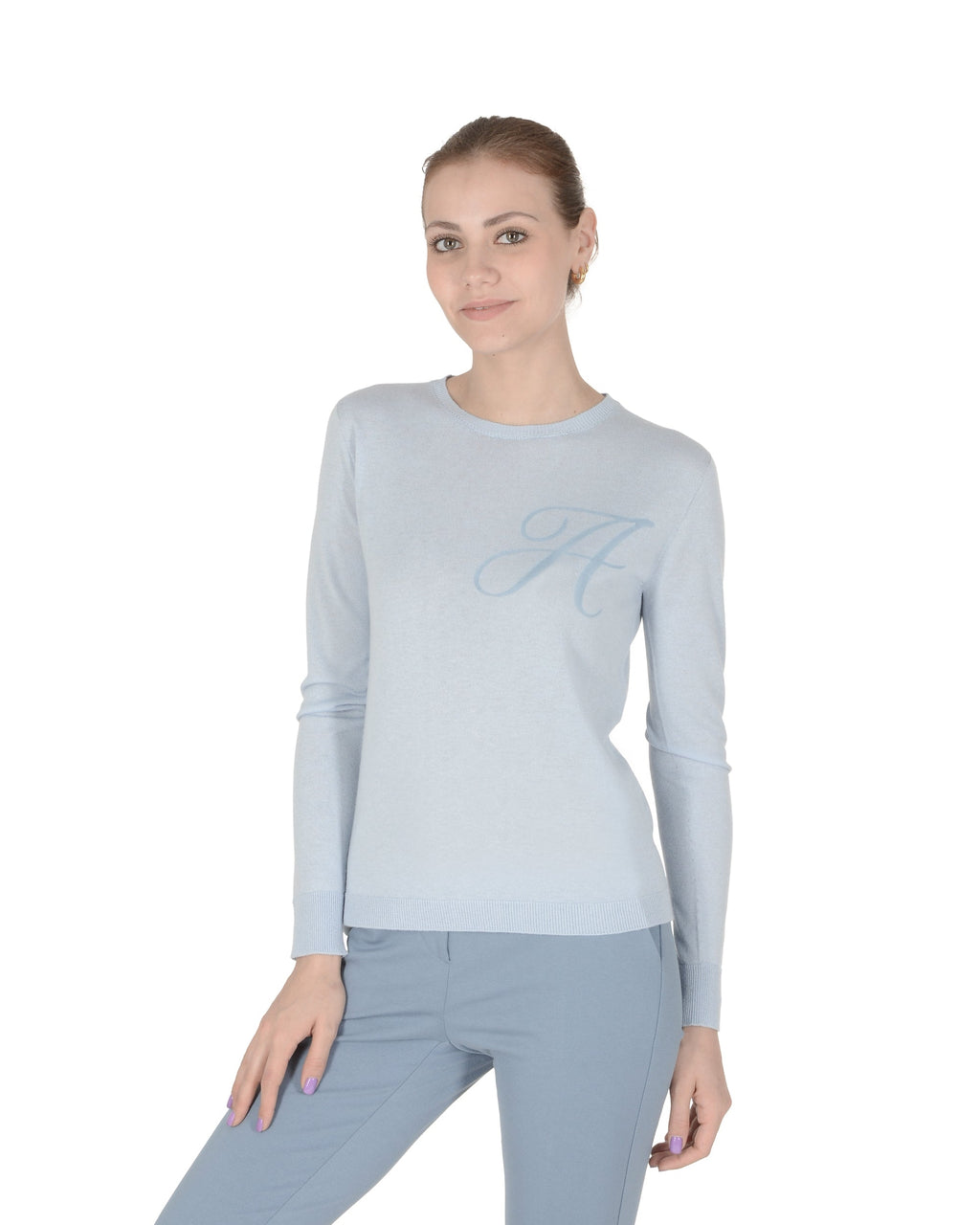 Jersey de cachemira de verano con cuello redondo y manga larga, azul claro