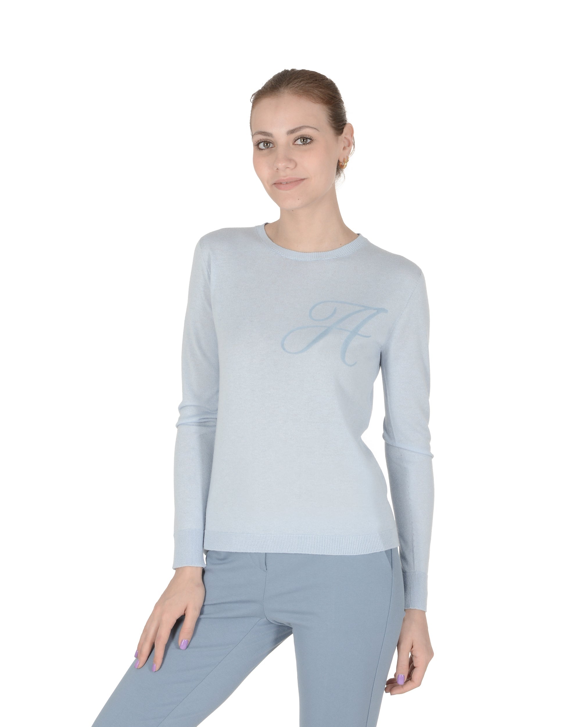 Jersey de cachemira de verano con cuello redondo y manga larga, azul claro