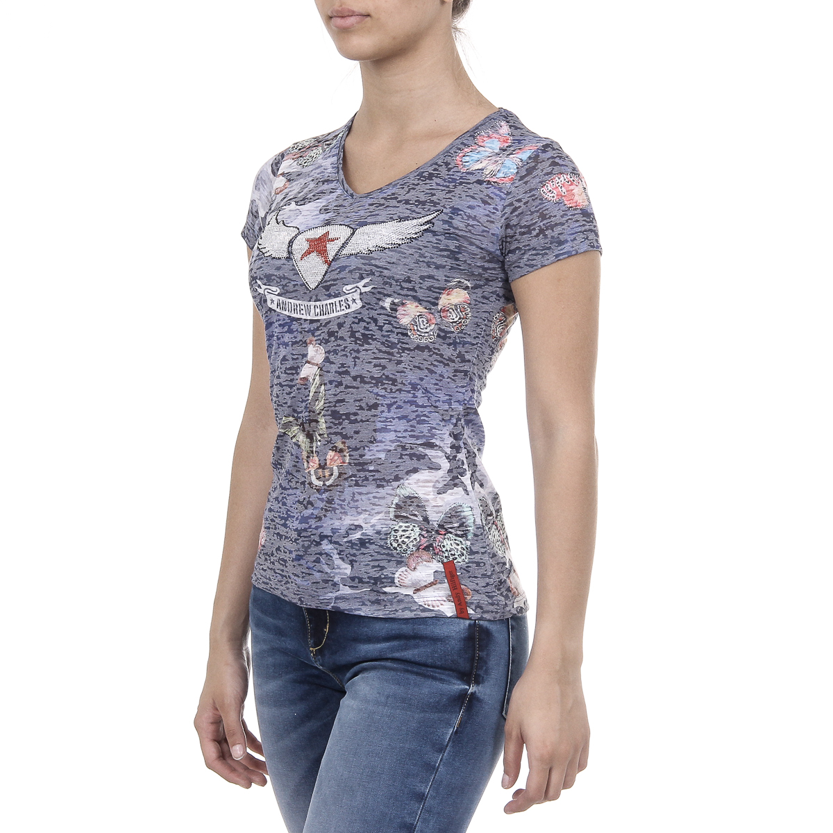 Andrew Charles Womens T-shirt Short Sleeves V-Neck Dark Blue STELLA
