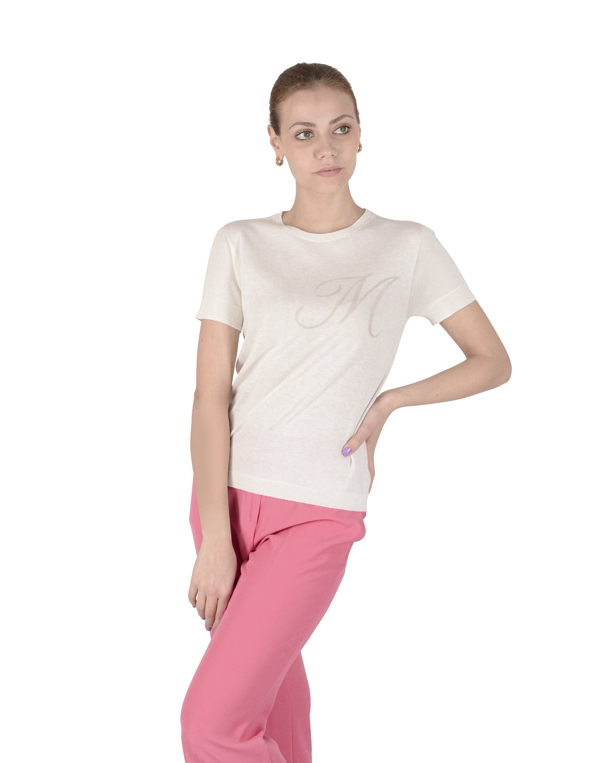Jersey de cachemira de verano, cuello redondo, manga corta, color marfil