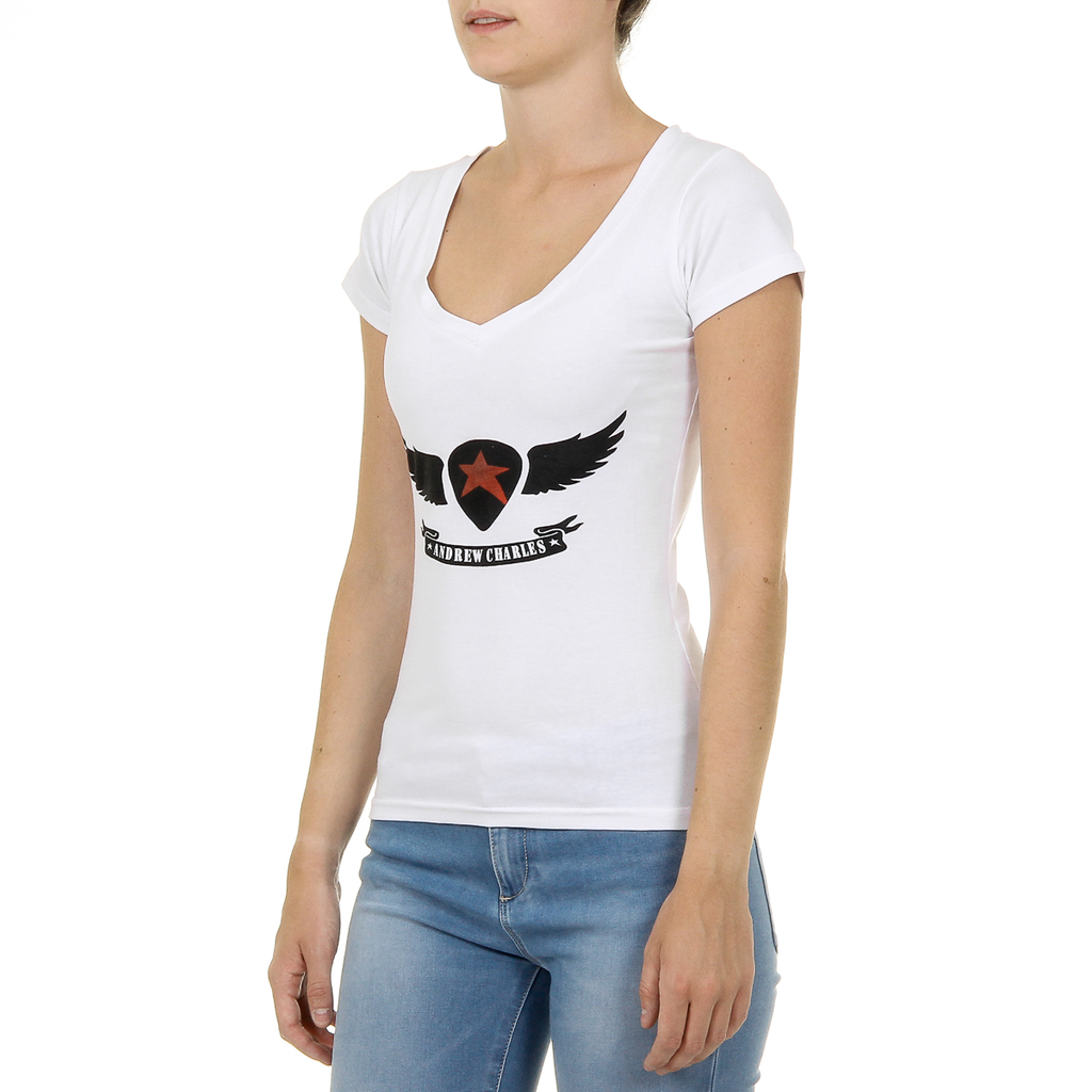 Camiseta Andrew Charles para mujer, manga corta, cuello en V, blanca, TAPIWA