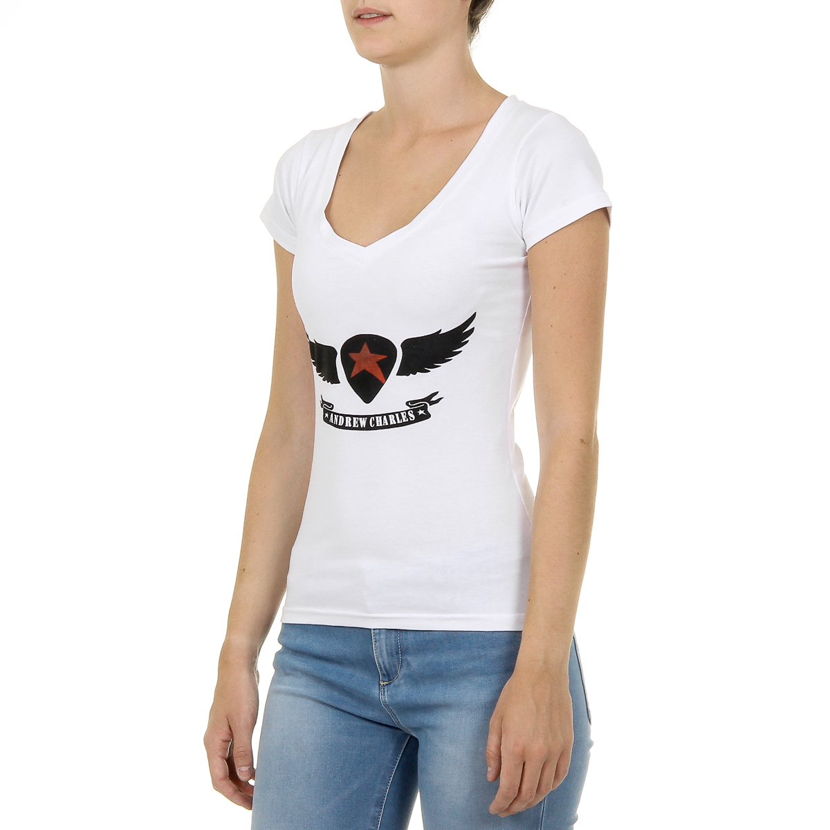 Camiseta Andrew Charles para mujer, manga corta, cuello en V, blanca, TAPIWA