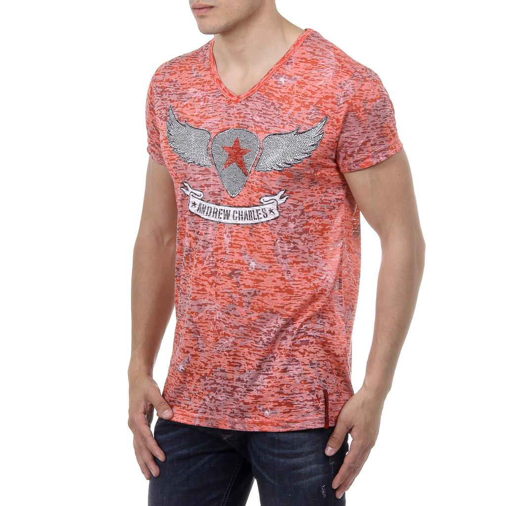 Andrew Charles Mens T-Shirt Short Sleeves V-Neck Red ISAAC