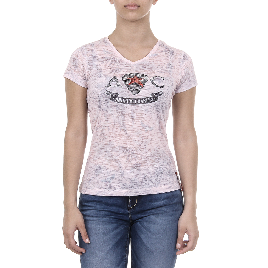 Andrew Charles Womens T-shirt Short Sleeves V-Neck Pink ALEXA