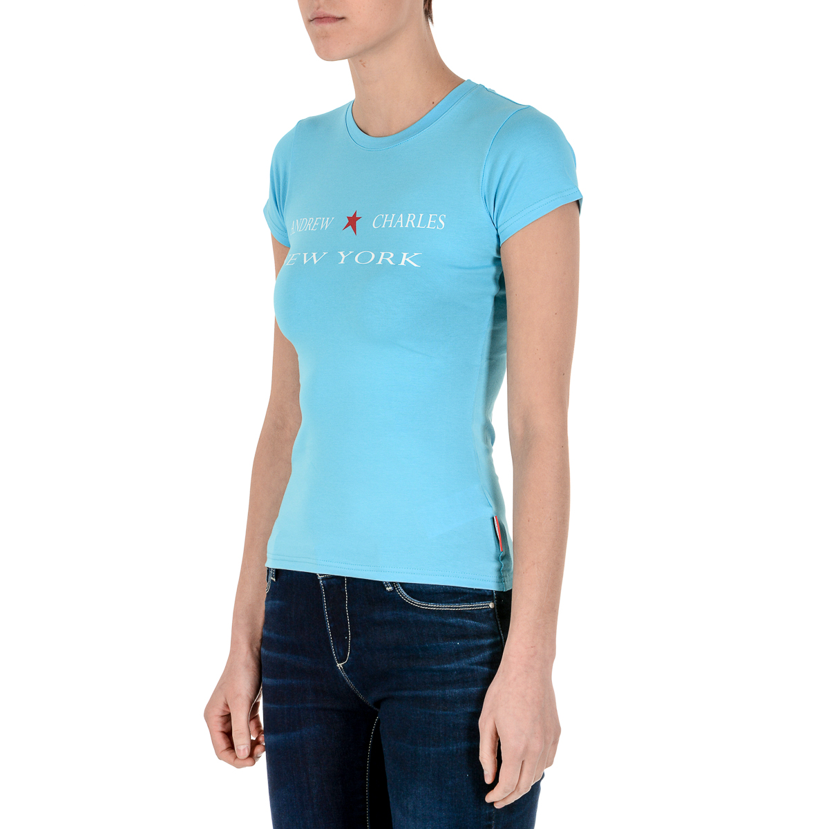 Camiseta Andrew Charles para mujer, manga corta, cuello redondo, azul claro TARANA