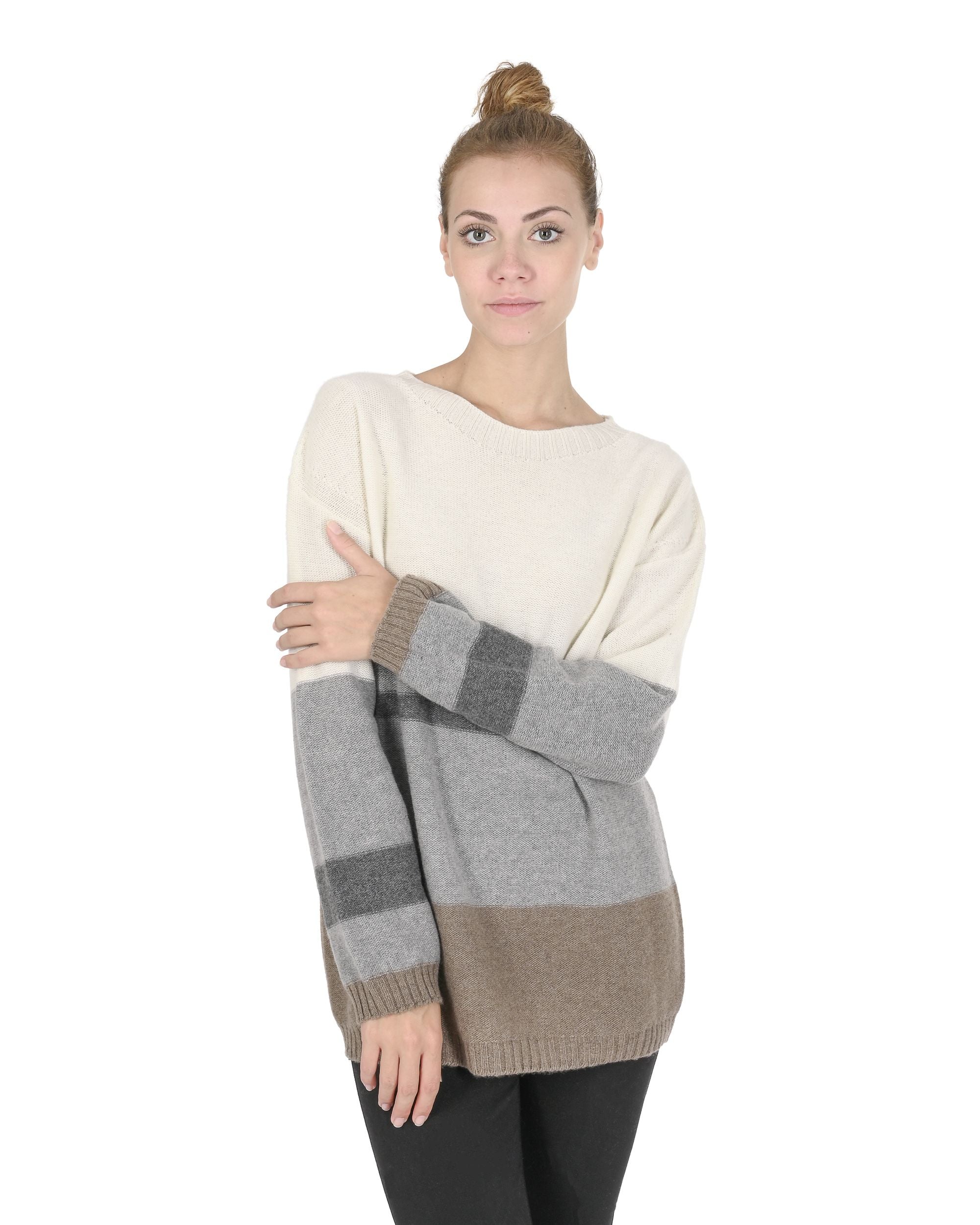 Suéter de cuello barco para mujer de cachemira Crown of Edinburgh COE 0017 GRIS/CREMA/TAUPE