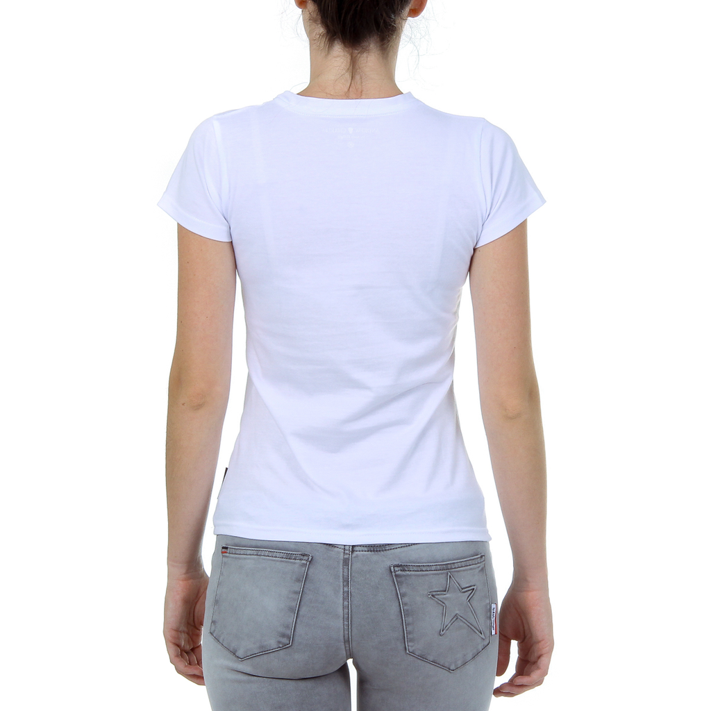 Camiseta Andrew Charles para mujer, manga corta, cuello redondo, color blanco TARANA