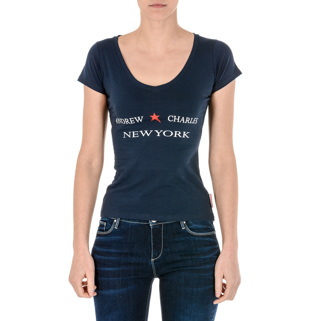 Camiseta Andrew Charles para mujer, manga corta, cuello en V, azul TAPIWA