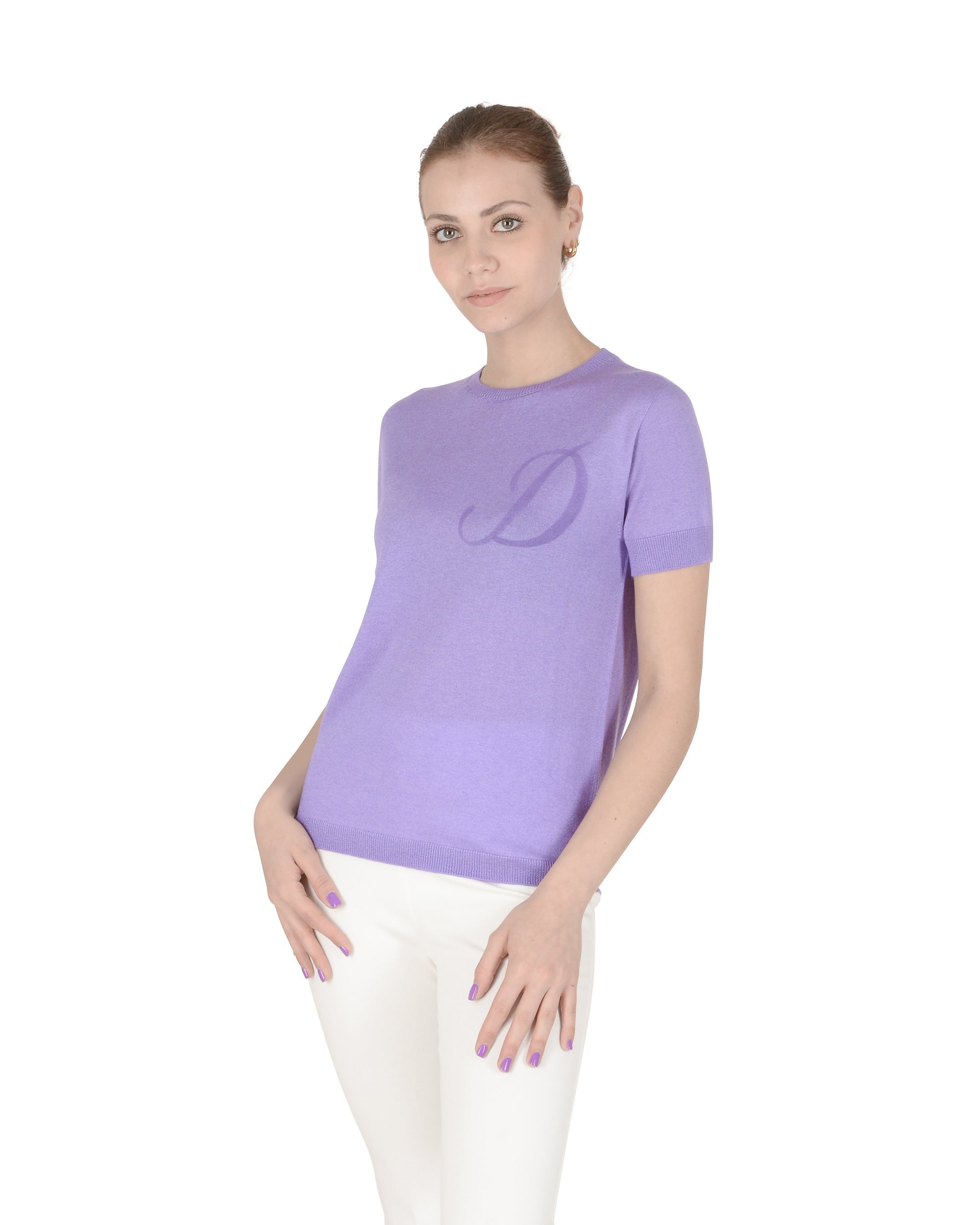 Jersey de cachemira de verano con cuello redondo y manga corta, color lila