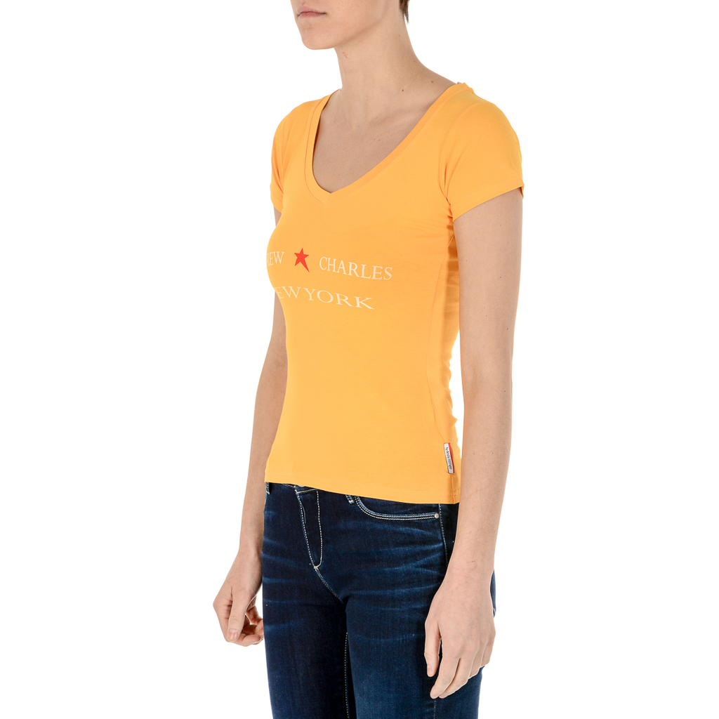 Camiseta Andrew Charles para mujer, manga corta, cuello en V, amarilla, TAPIWA