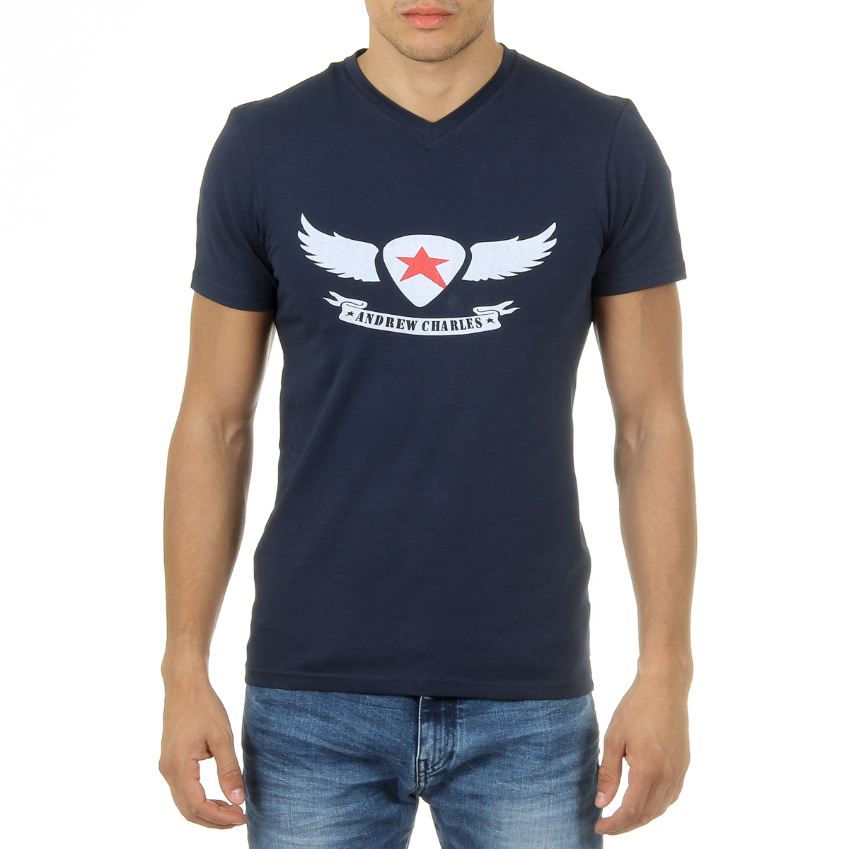 Camiseta Andrew Charles para hombre, manga corta, cuello en V, azul, KENAN