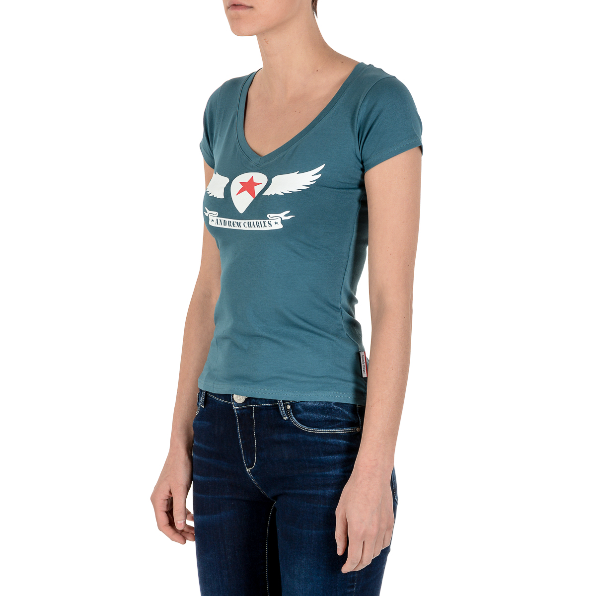 Camiseta Andrew Charles para mujer, manga corta, cuello en V, verde TAPIWA
