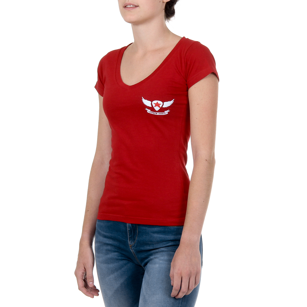 Camiseta Andrew Charles para mujer, manga corta, cuello en V, roja, TAPIWA