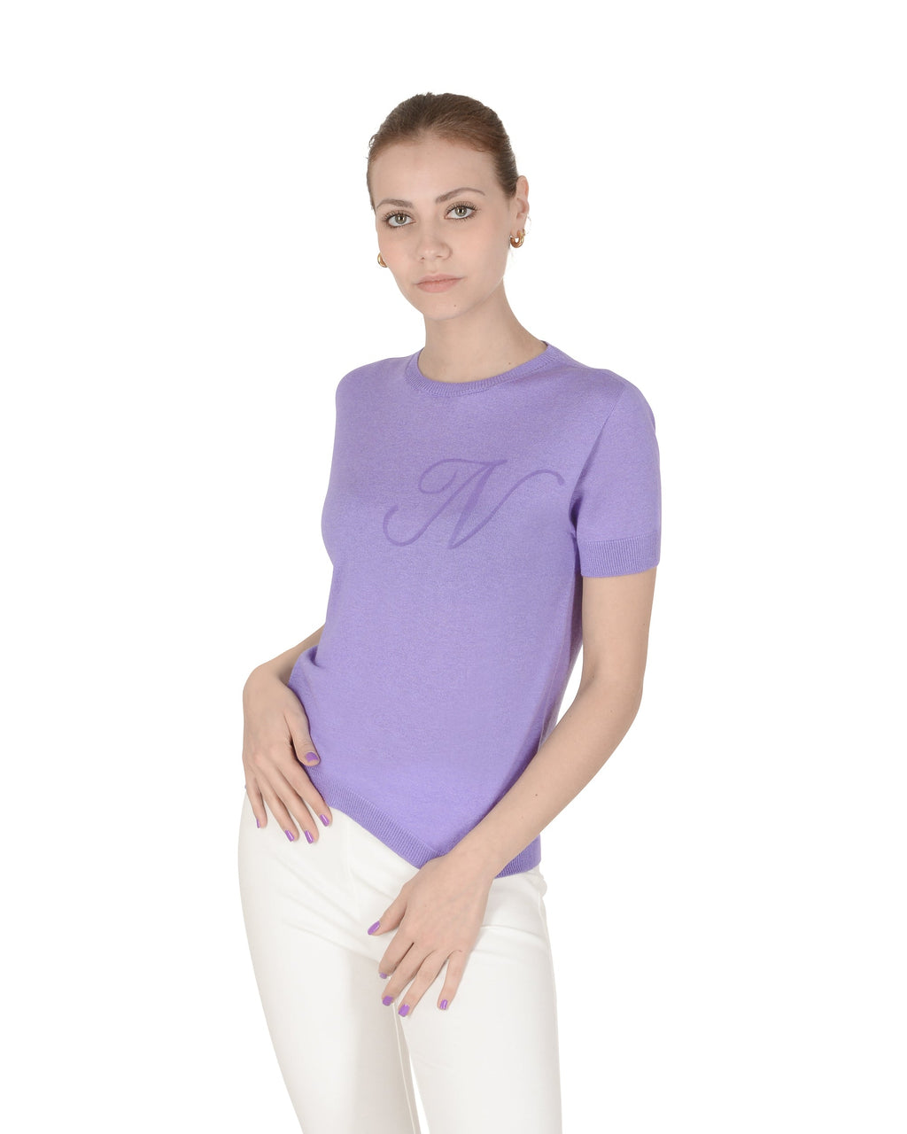 Jersey de cachemira de verano con cuello redondo y manga corta, color lila