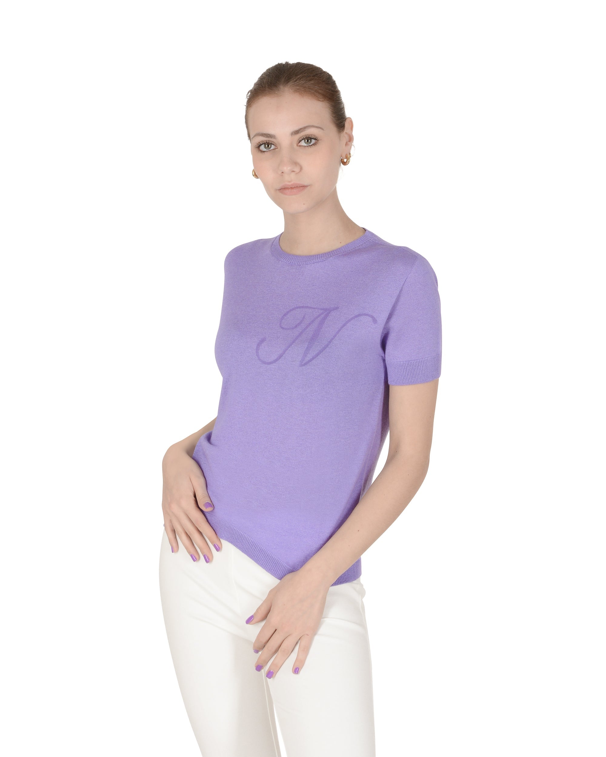 Jersey de cachemira de verano con cuello redondo y manga corta, color lila