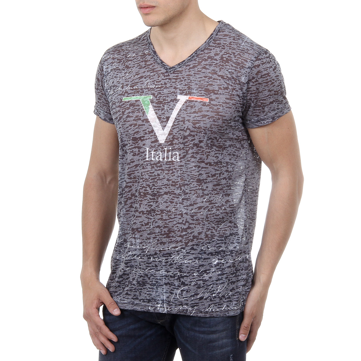 V 1969 Italia Mens T-shirt Short Sleeves V-Neck Black JACOB