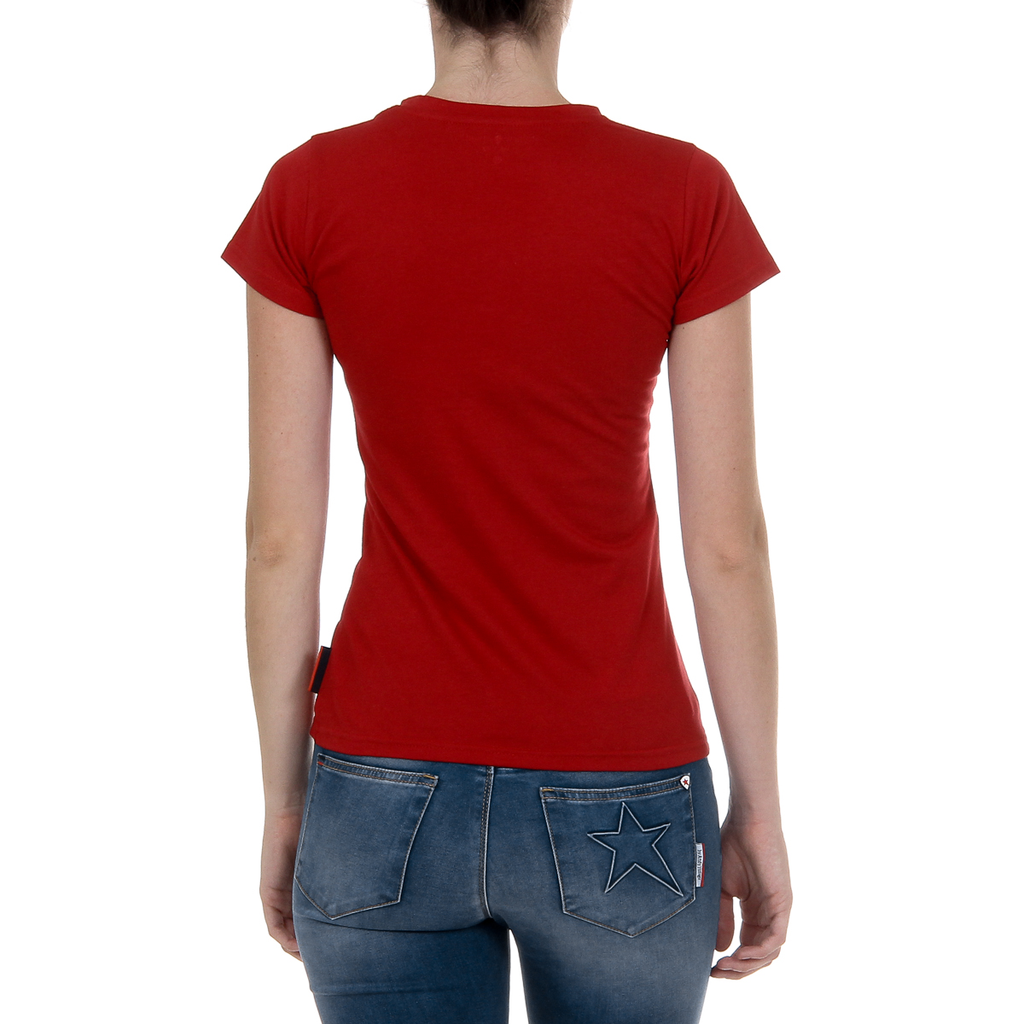 Camiseta Andrew Charles para mujer, manga corta, cuello redondo, color rojo TARANA