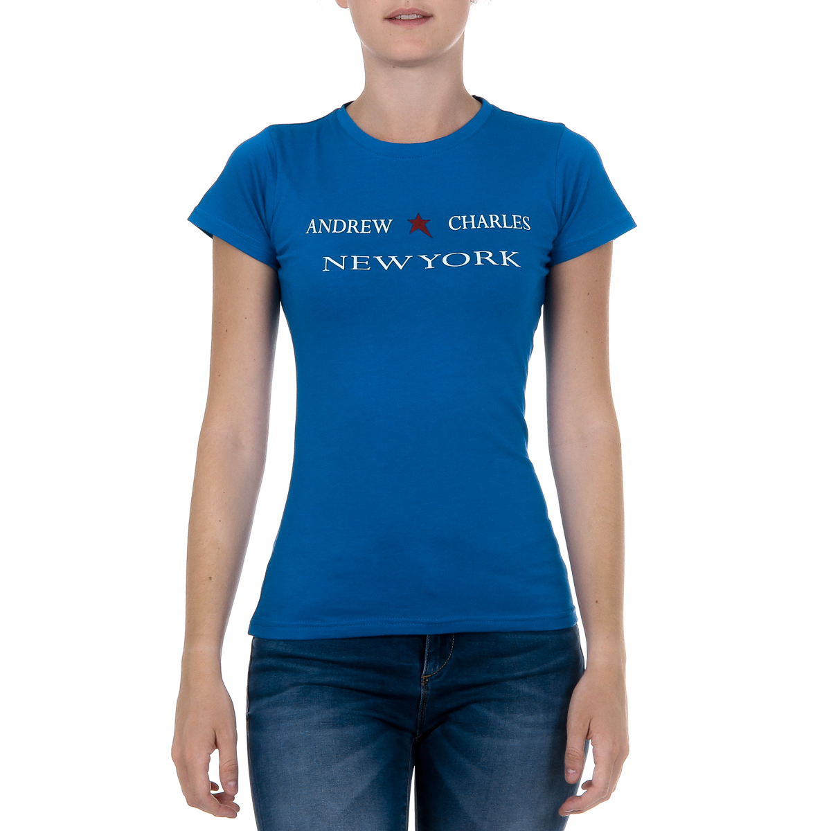 Camiseta Andrew Charles para mujer, manga corta, cuello redondo, azul, TARANA