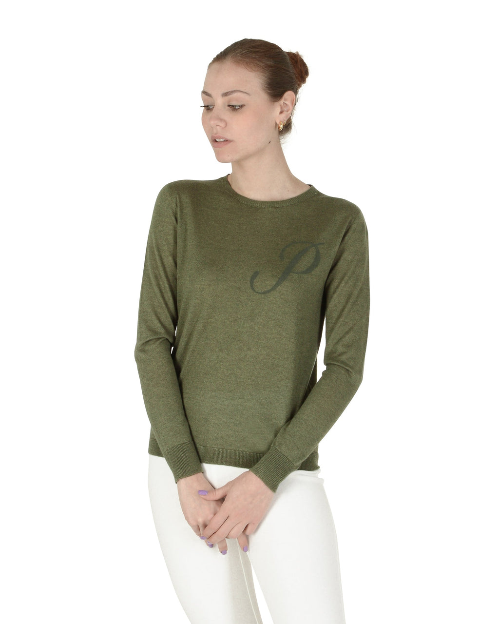 Jersey de cachemira de verano con cuello redondo y manga larga, color verde