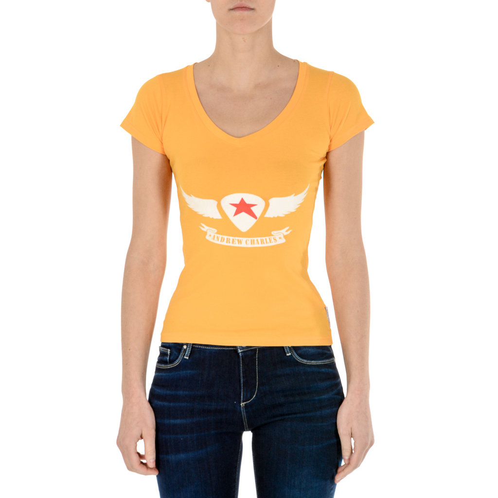 Camiseta Andrew Charles para mujer, manga corta, cuello en V, amarilla, TAPIWA