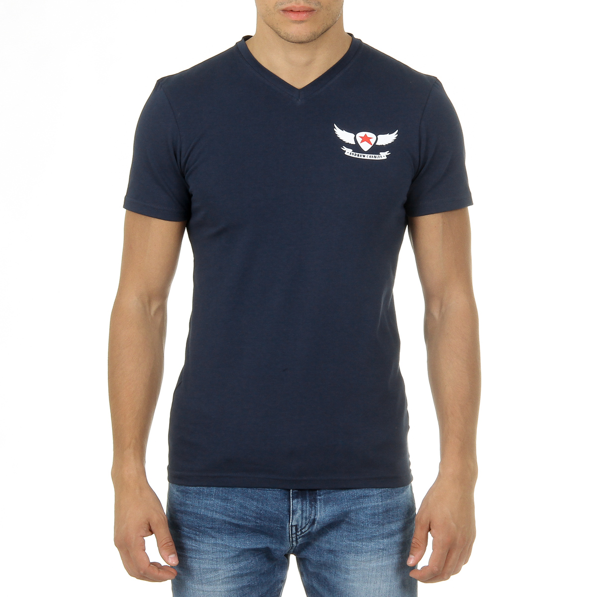 Camiseta Andrew Charles para hombre, manga corta, cuello en V, azul, KENAN