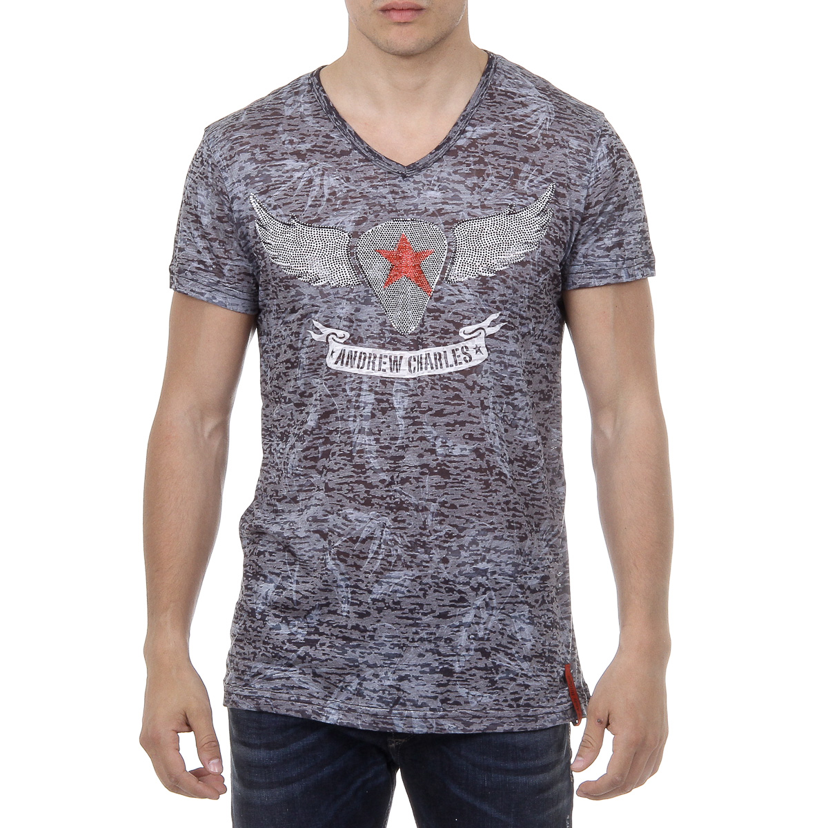 Andrew Charles Mens T-Shirt Short Sleeves V-Neck Black ISAAC