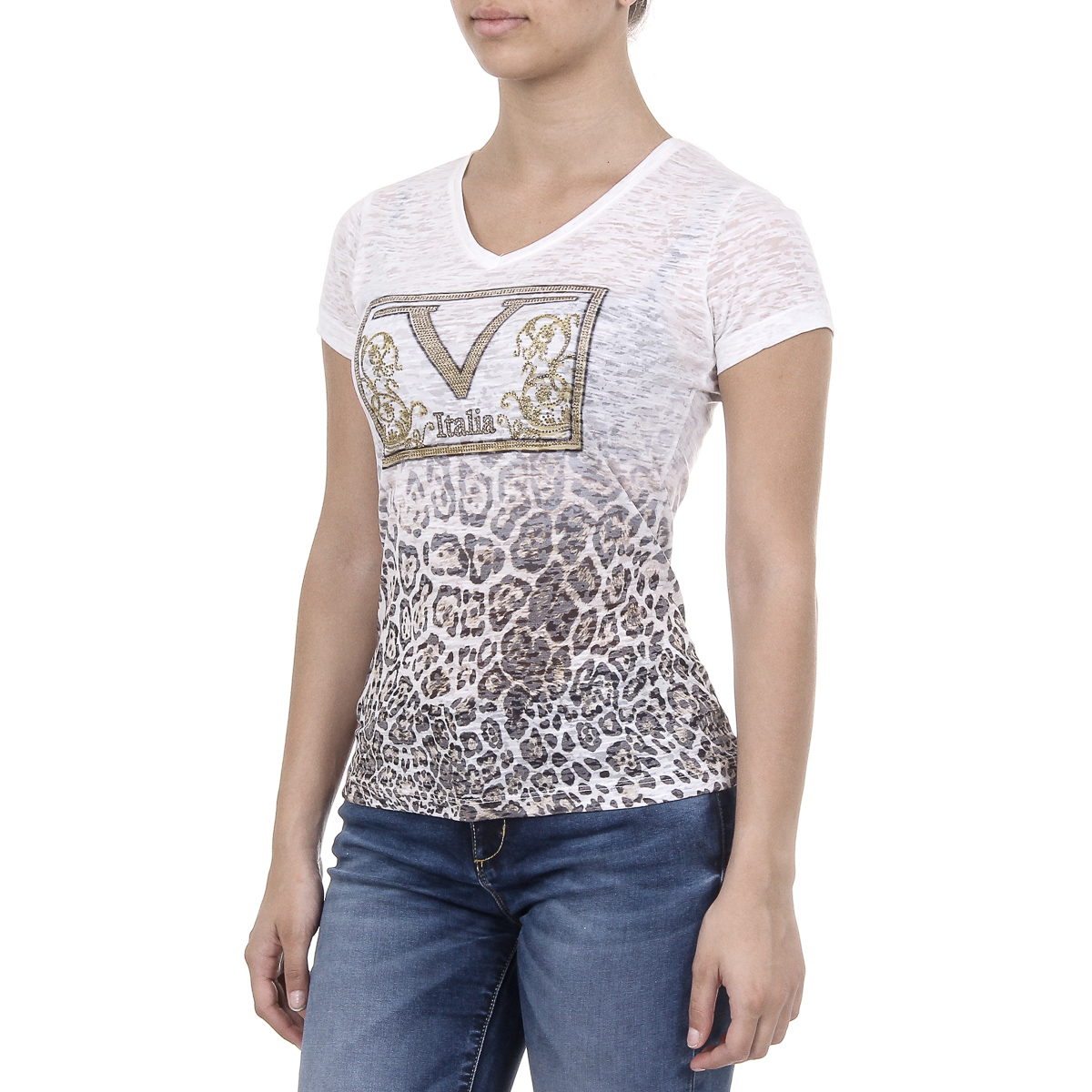 V 1969 Italia Womens T-shirt Short Sleeves V-Neck White EVELYN