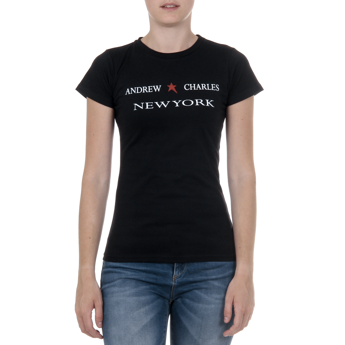 Camiseta Andrew Charles para mujer, manga corta, cuello redondo, color negro TARANA