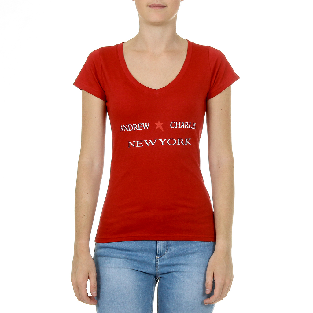 Camiseta Andrew Charles para mujer, manga corta, cuello en V, roja, TAPIWA