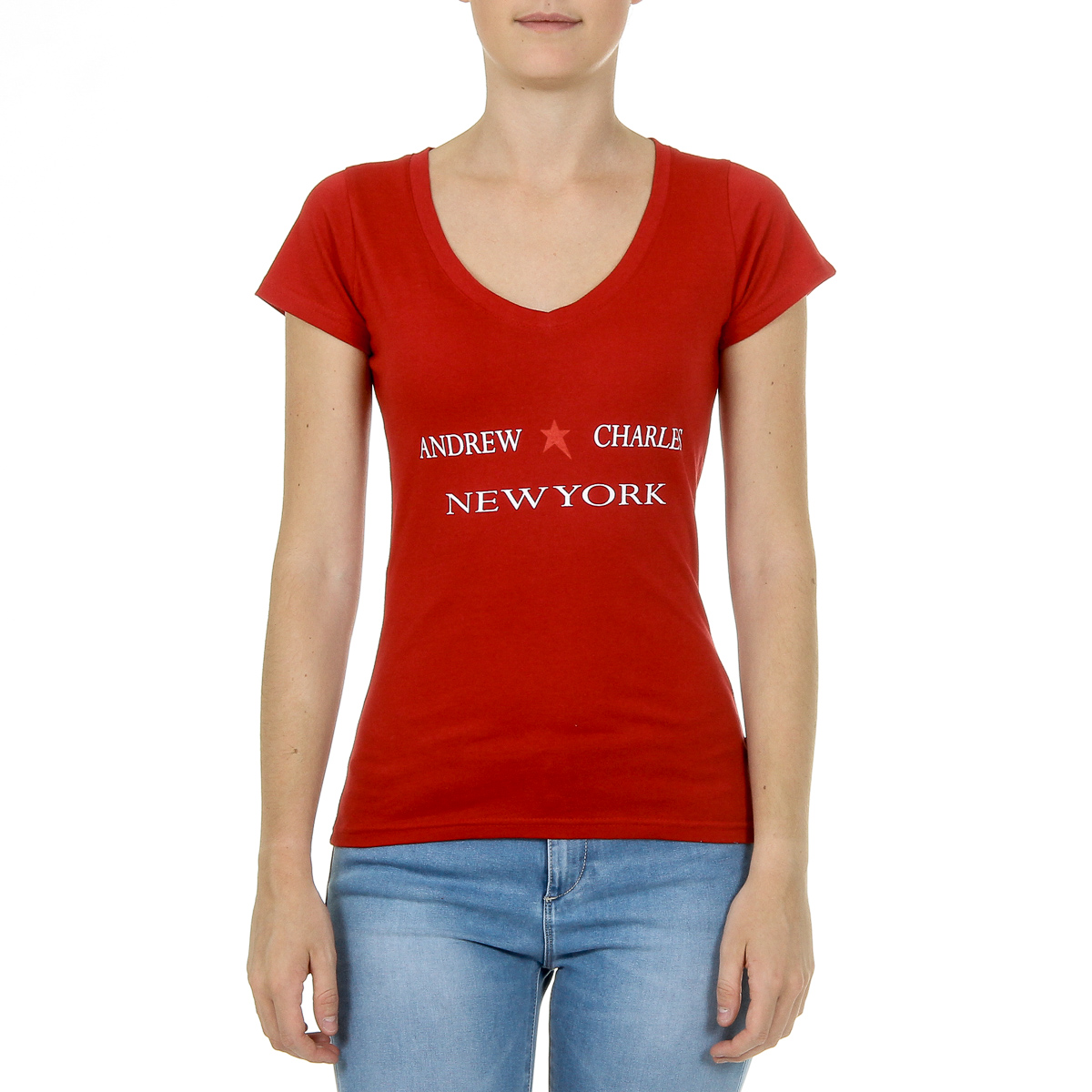 Camiseta Andrew Charles para mujer, manga corta, cuello en V, roja, TAPIWA