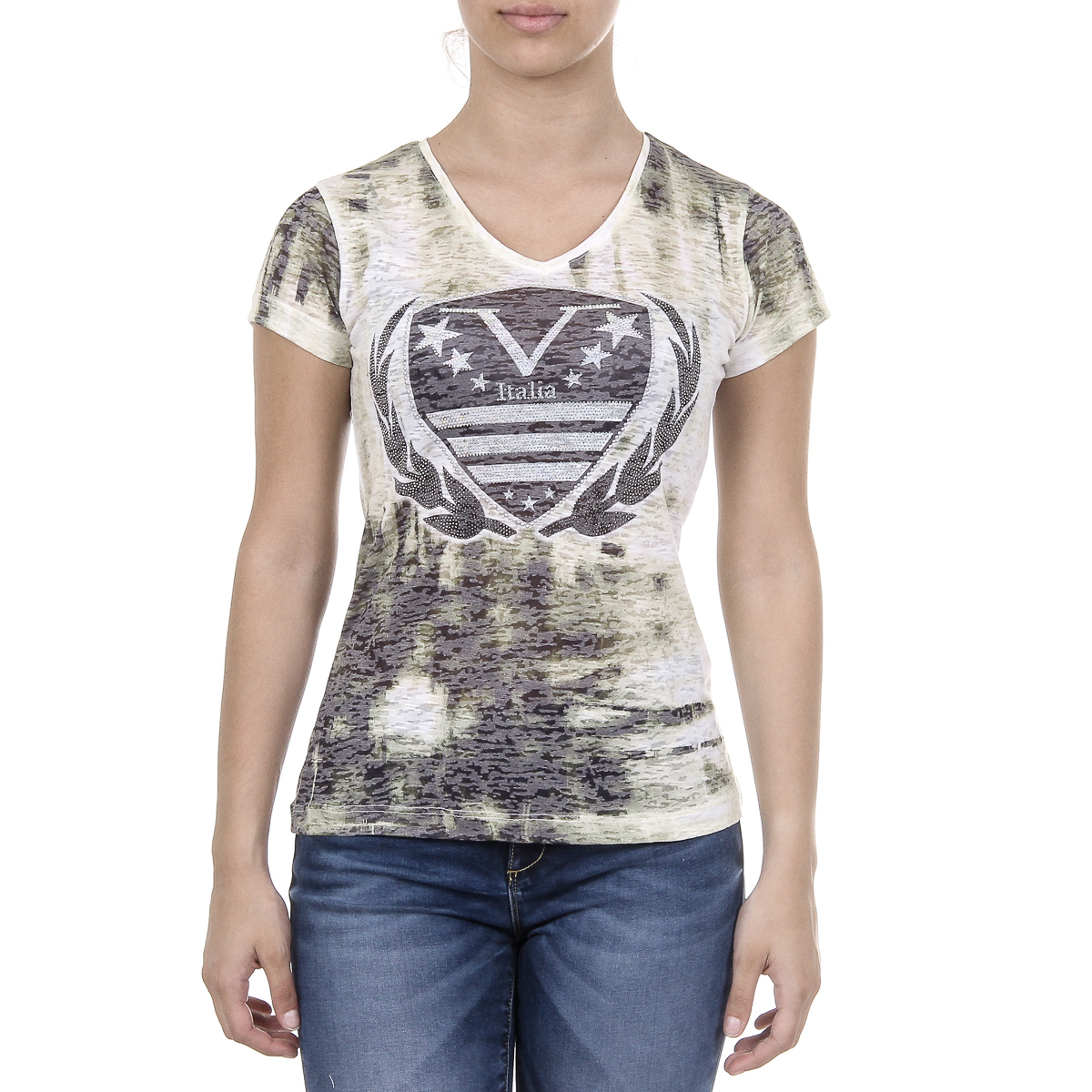 V 1969 Italia Womens T-shirt Short Sleeves V-Neck Yellow EMILY
