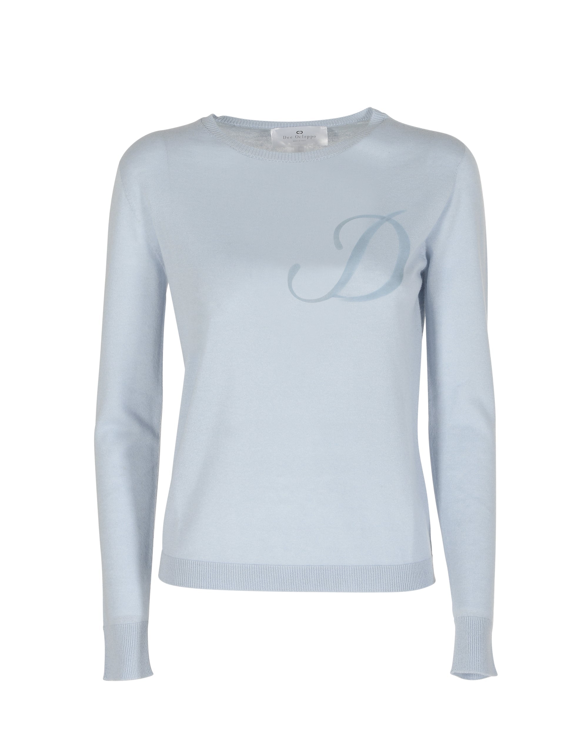 Jersey de cachemira de verano con cuello redondo y manga larga, azul claro