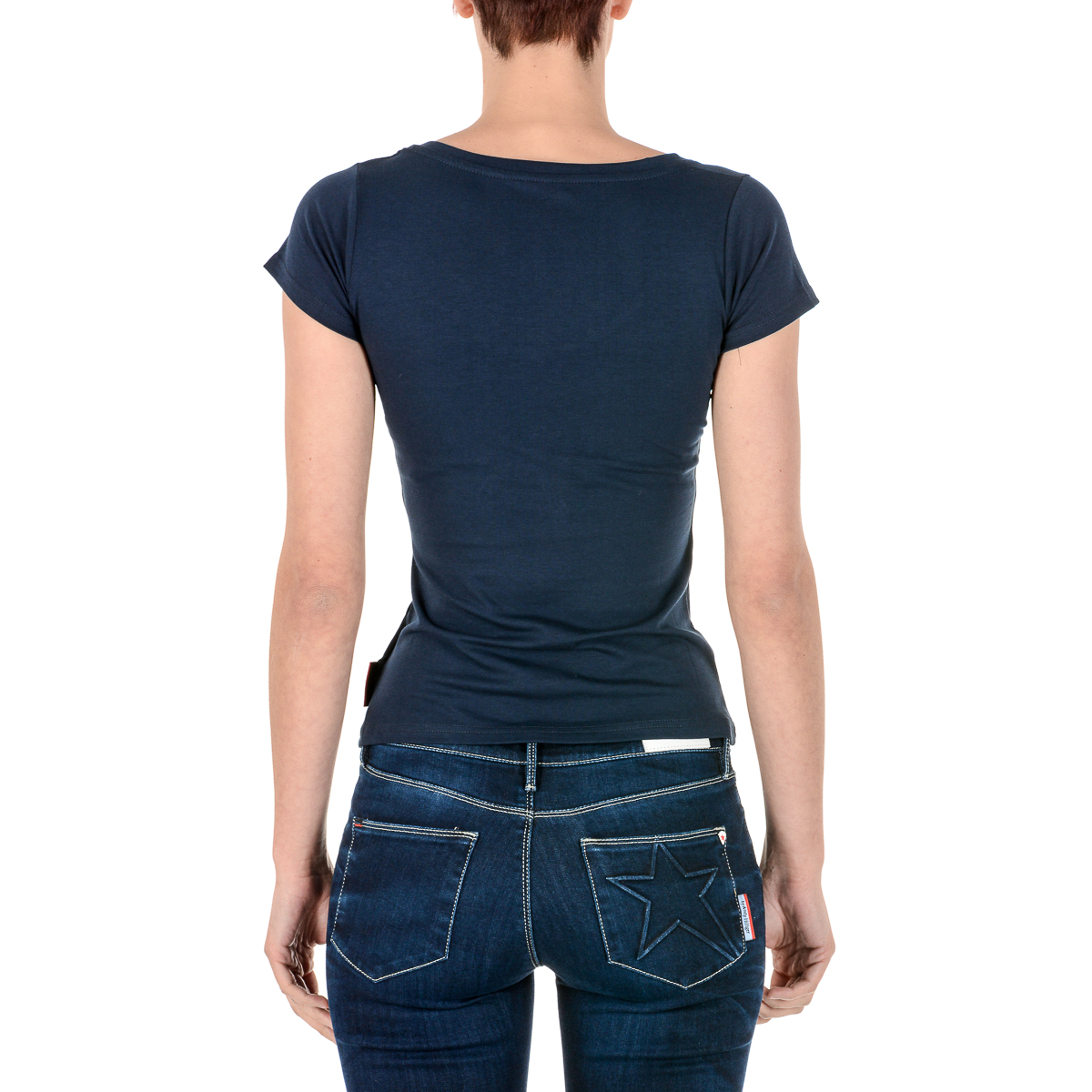 Camiseta Andrew Charles para mujer, manga corta, cuello en V, azul TAPIWA