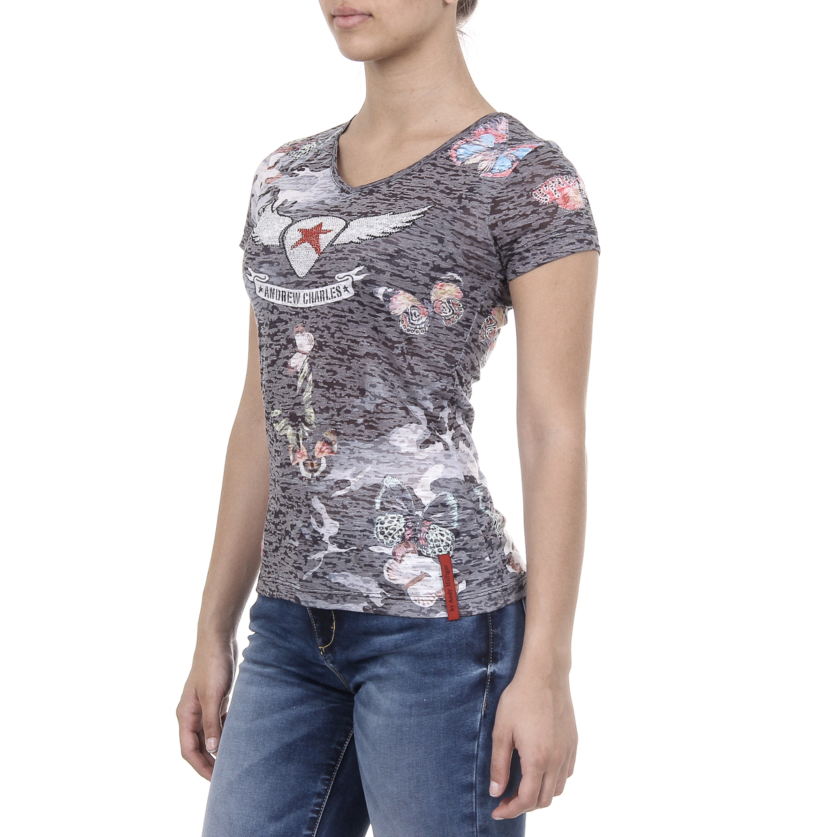 Andrew Charles Womens T-shirt Short Sleeves V-Neck Black STELLA