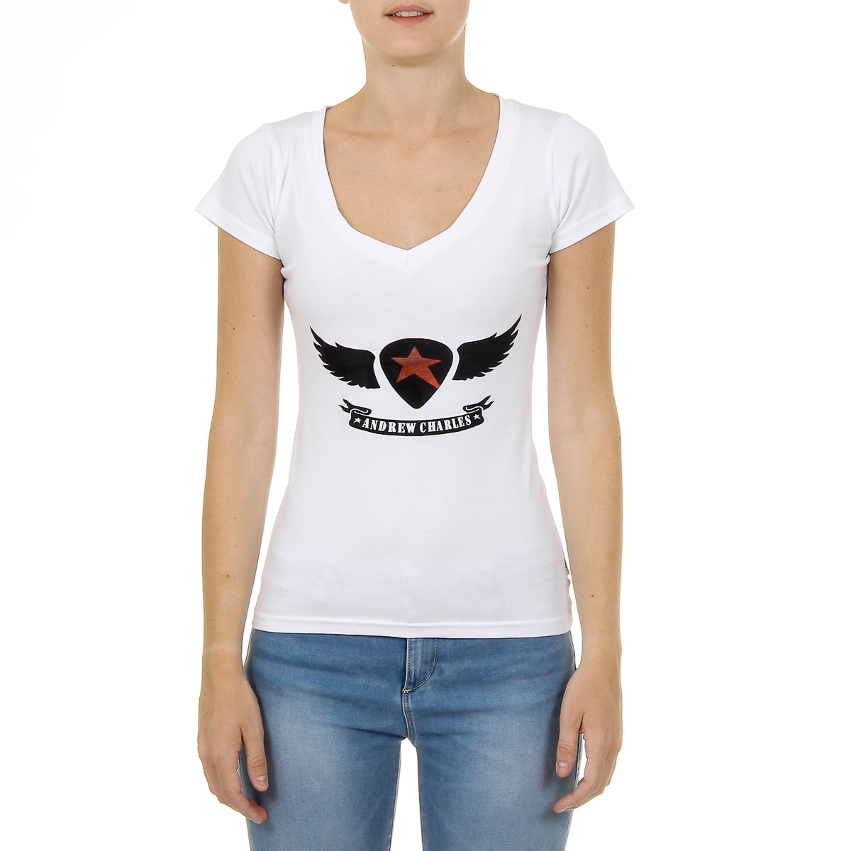 Camiseta Andrew Charles para mujer, manga corta, cuello en V, blanca, TAPIWA