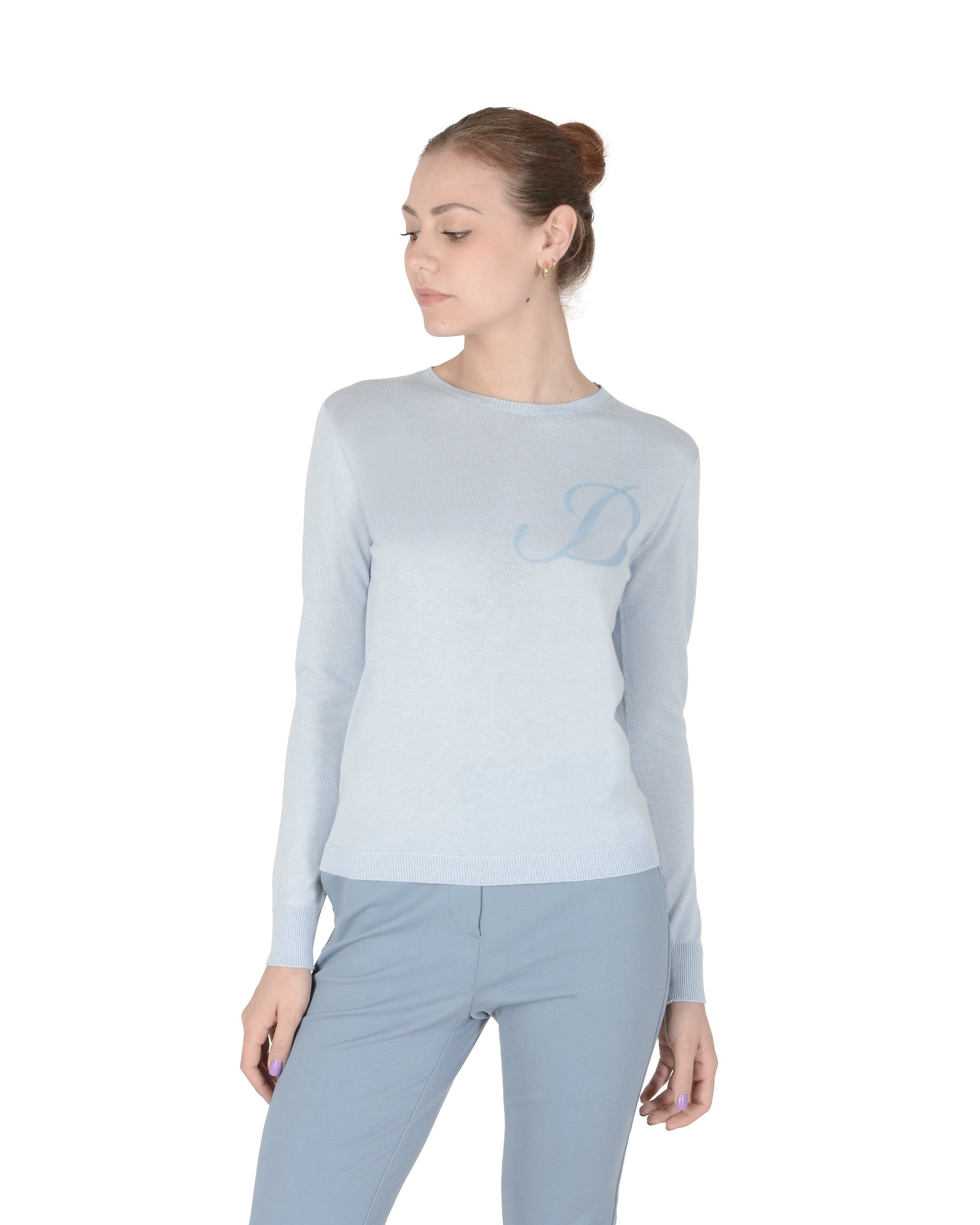 Jersey de cachemira de verano con cuello redondo y manga larga, azul claro