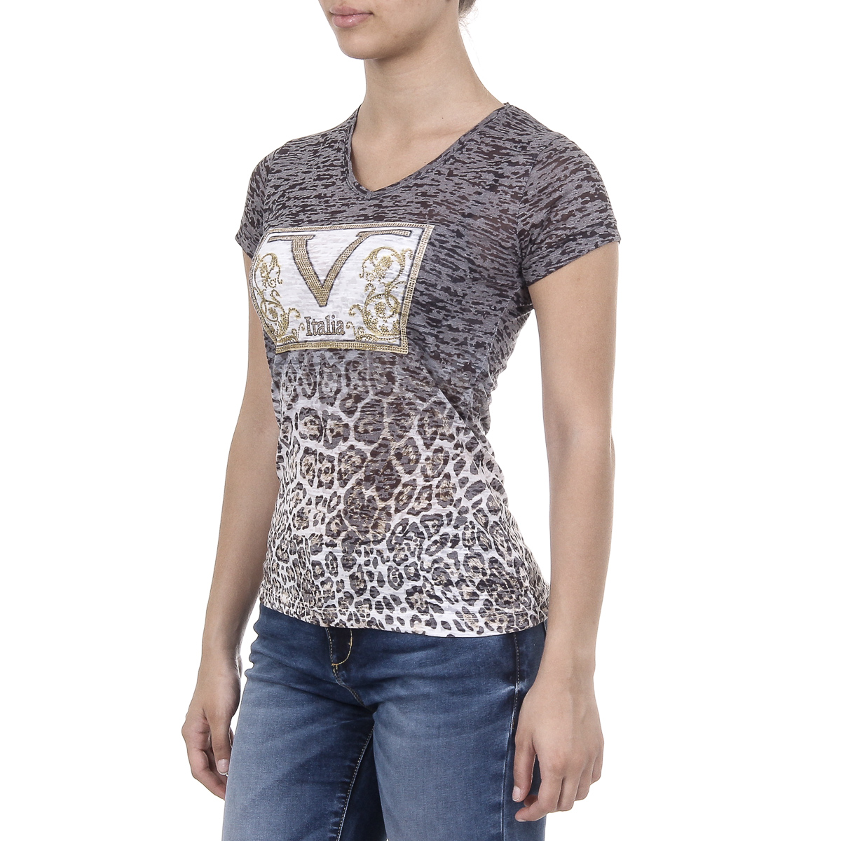 V 1969 Italia Womens T-shirt Short Sleeves V-Neck Black EVELYN