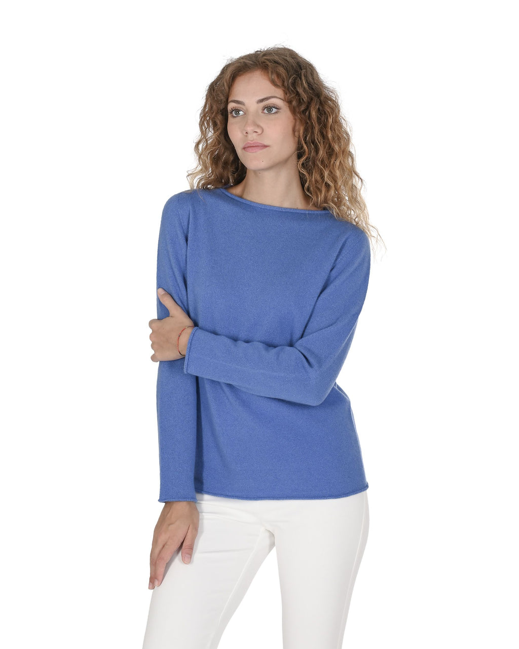 Suéter de cuello barco para mujer de cachemira Crown of Edinburgh COE 0025 AZUL BRILLANTE