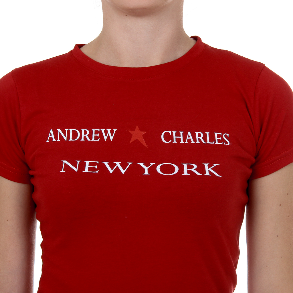 Camiseta Andrew Charles para mujer, manga corta, cuello redondo, color rojo TARANA
